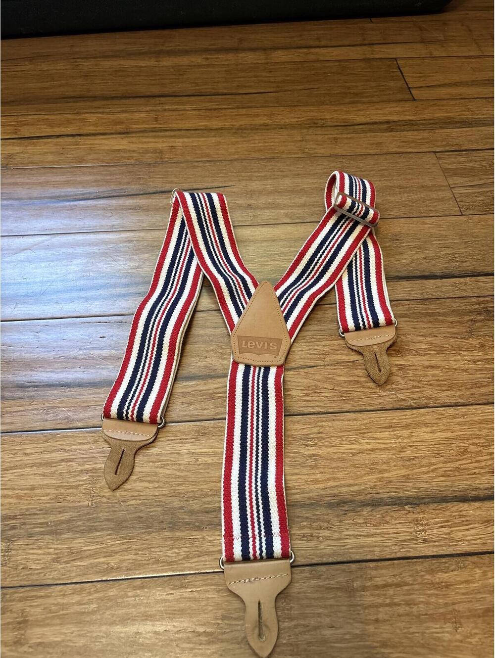 Vintage Levi's Red White Blue Striped Suspenders with Leather Ends - Picture 2 of 3